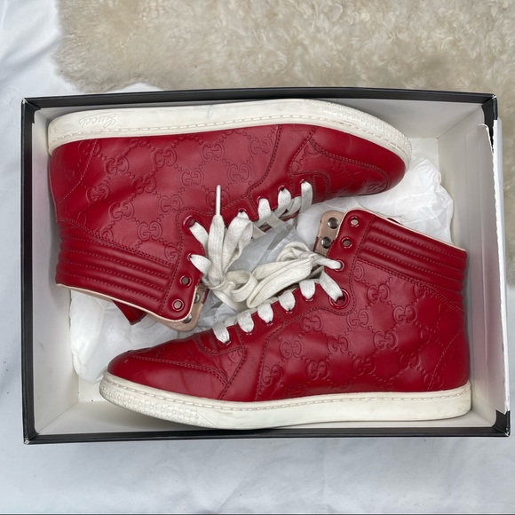 Gucci Red Hibiscus Signature High-top Sneaker Flats sz 8 - Picture 5 of 10